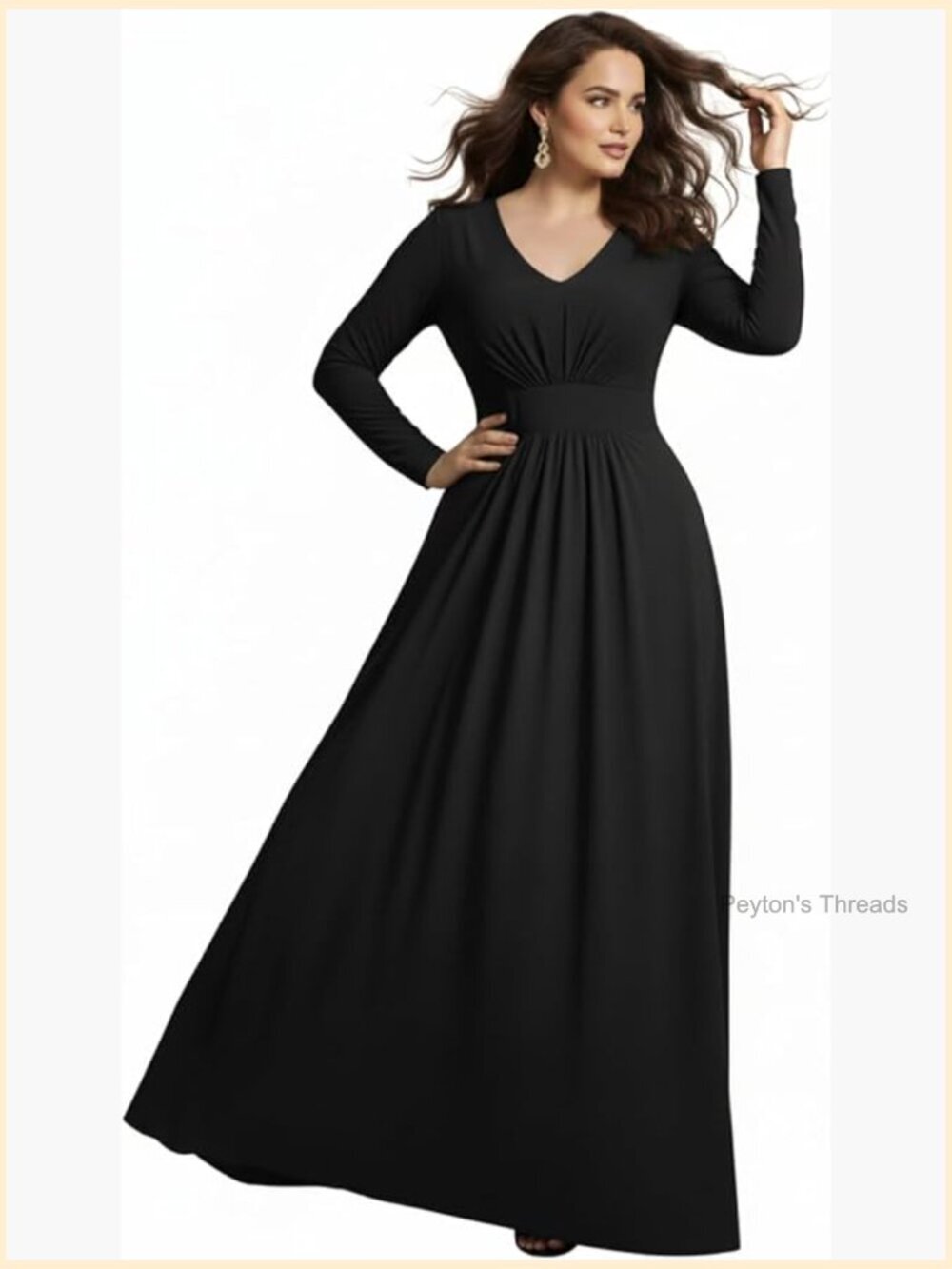 Long Sleeve Flowy Empire Waist V-Neck Pleated Maxi Dress